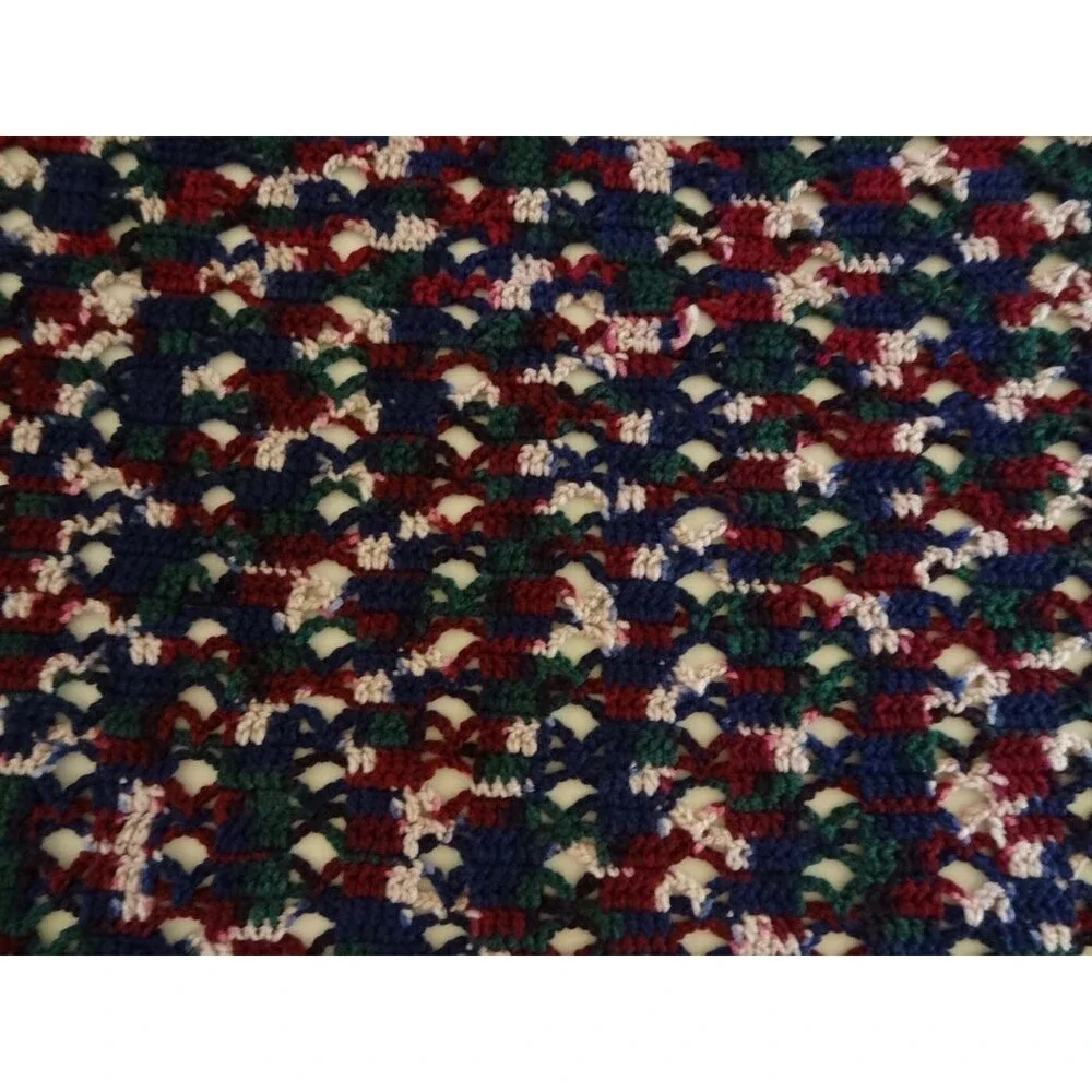 Hand Crocheted Afghan: Open Work Style, Blue Green Red 39